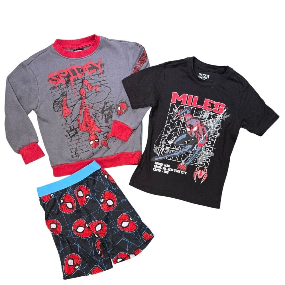 Marvel Spider-Man Miles Morales Boys XS 4/5 Sweatshirt Shirt Shorts Lot